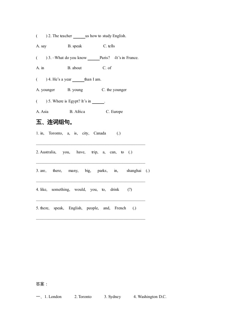 图片[2]-六年级英语上册Unit2AroundtheWorldLesson1同步练习3（人教版一起点）-启智优学网