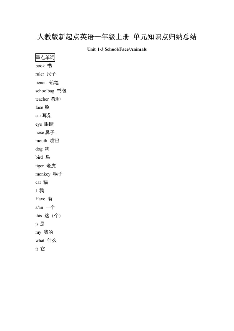 一年级英语上册单元知识点归纳总结（人教一起点）-启智优学网