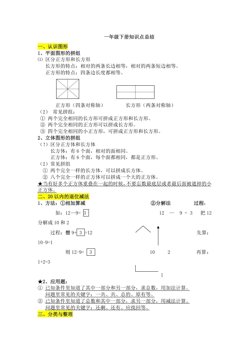 一年级数学下册知识点总结-启智优学网