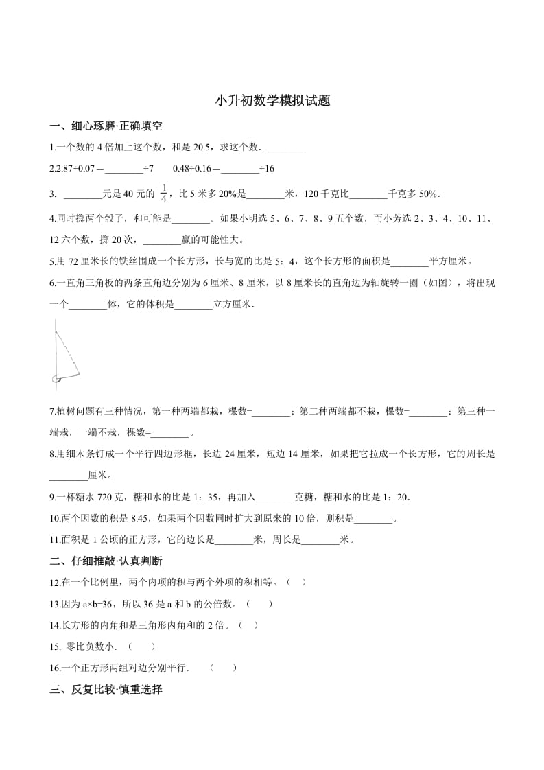 六年级数学下册小升初模拟试题（19）苏教版（含解析）-启智优学网