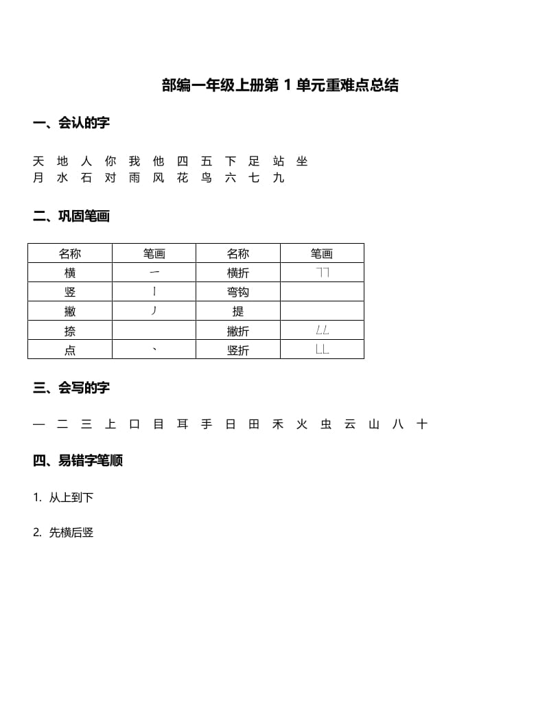 一年级语文上册-第1单元重难点知识总结（部编版）-启智优学网