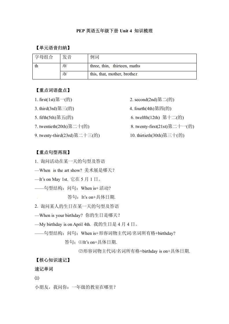 五年级数学下册英语单元知识梳理-Unit4Whenistheartshow人教PEP-启智优学网