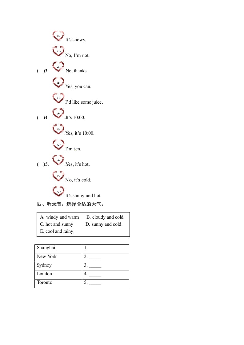 图片[2]-四年级英语下册Unit3WeatherPartB同步听力训练人教PEP版-启智优学网