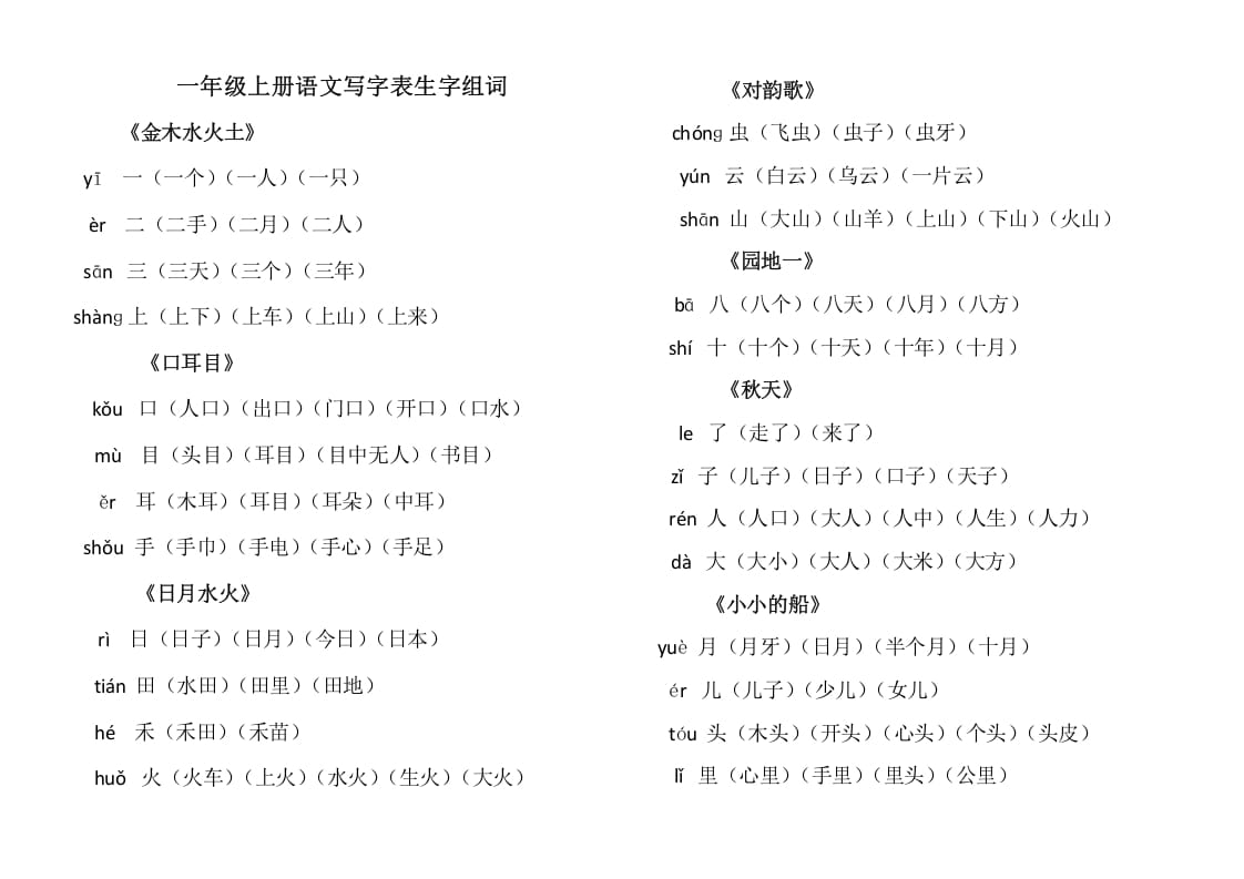 一年级语文上册上写字表生字组词（部编版）-启智优学网