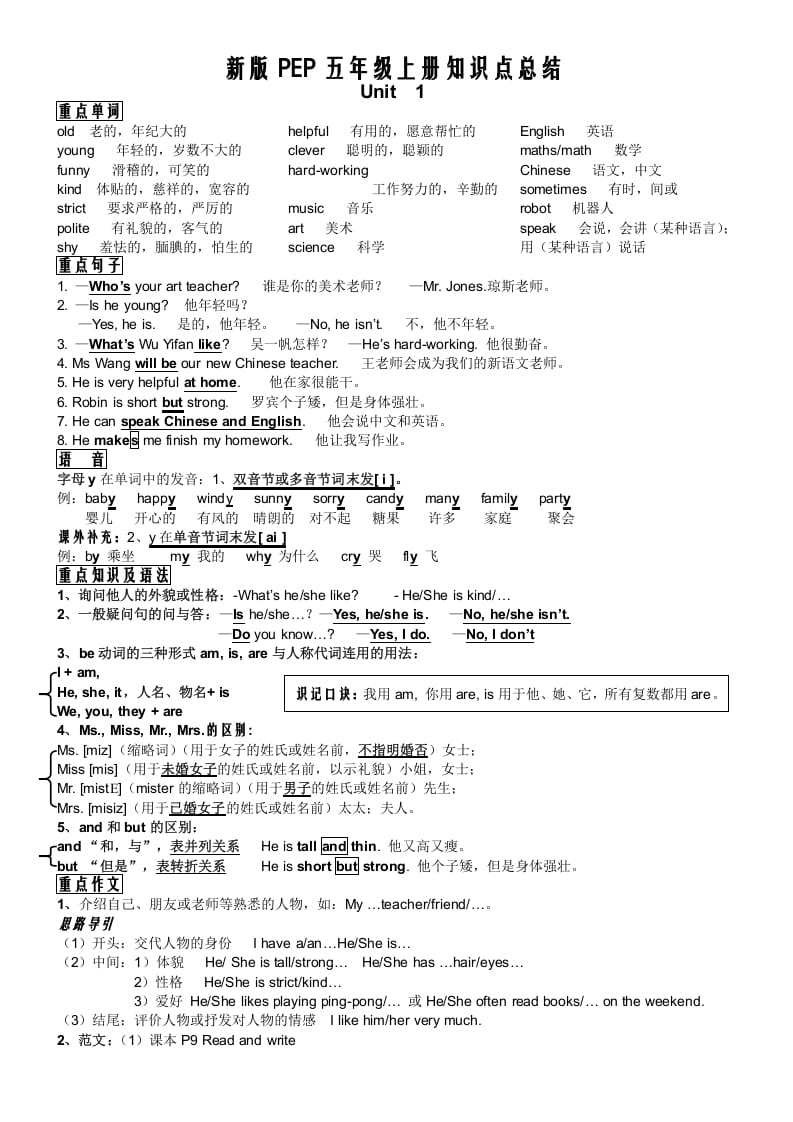 五年级英语上册PEP五年级英语知识点总结（人教版PEP）-启智优学网