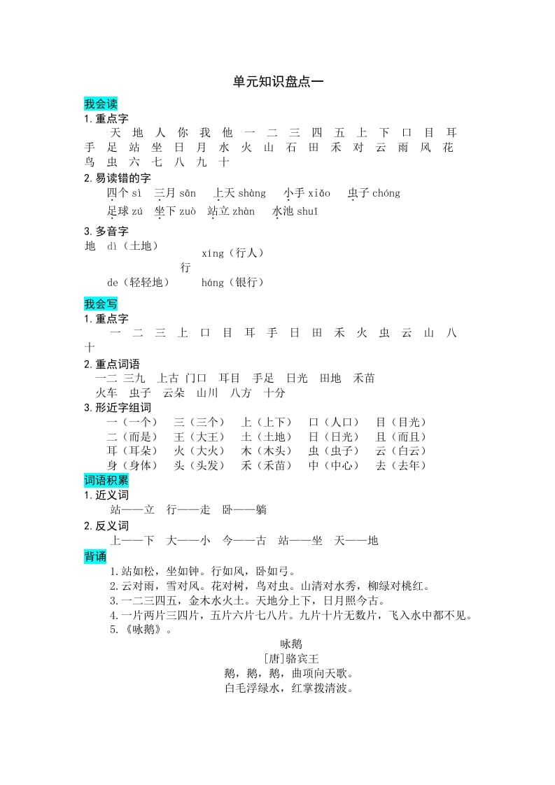 一年级语文上册第单元知识盘点（部编版）-启智优学网