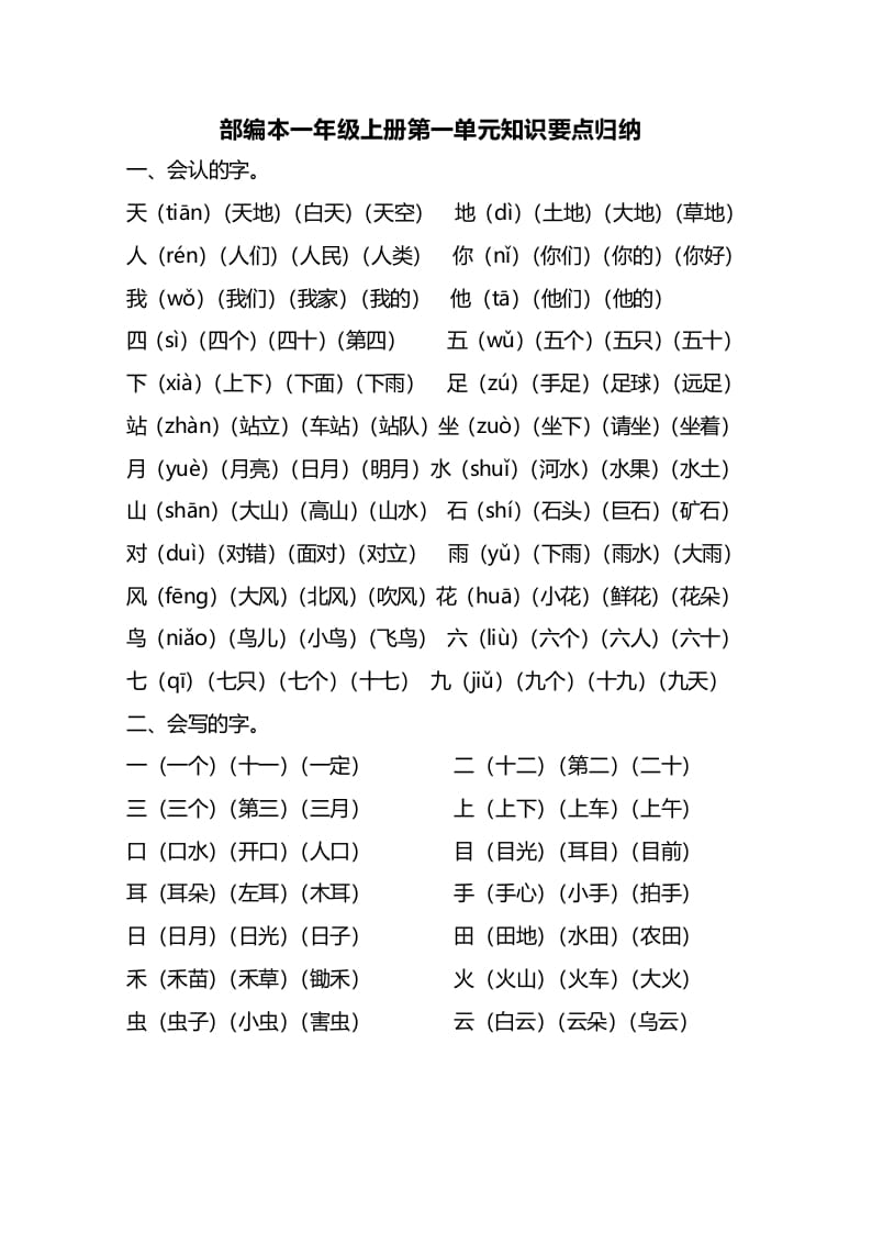 一年级语文上册第单元知识要点归纳（部编版）-启智优学网