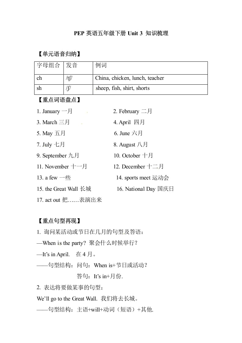 五年级数学下册英语单元知识梳理-Unit3Myschoolcalendar人教PEP-启智优学网