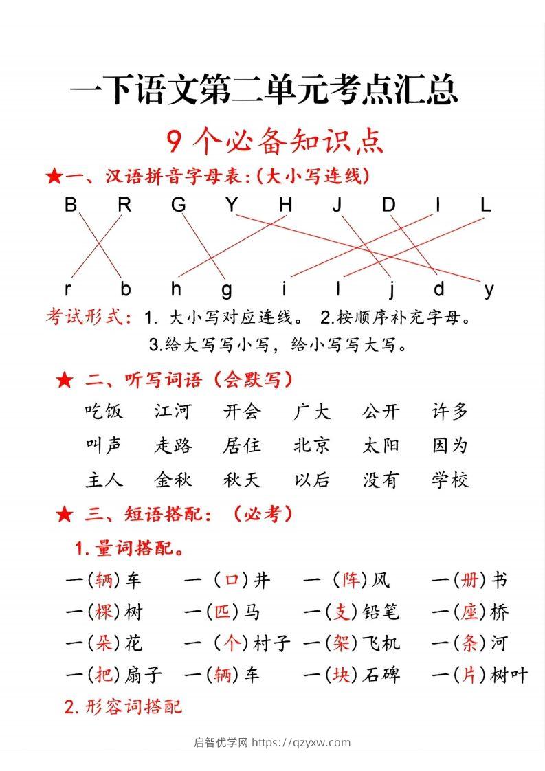 一下语文第二单元10个必备知识点-启智优学网