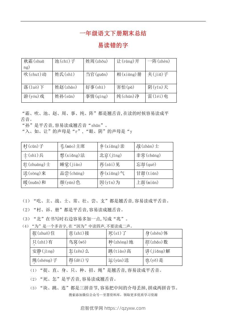 一年级语文下册期末总结—易读（写）错的字-启智优学网