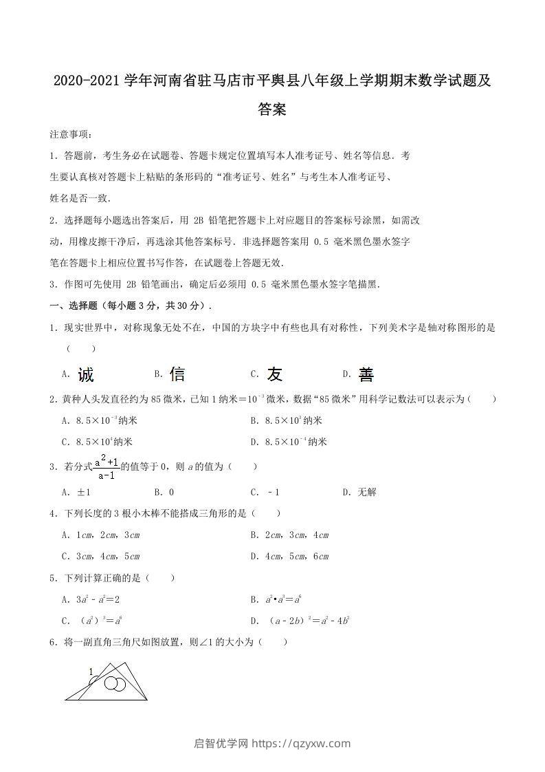 2020-2021学年河南省驻马店市平舆县八年级上学期期末数学试题及答案(Word版)-启智优学网