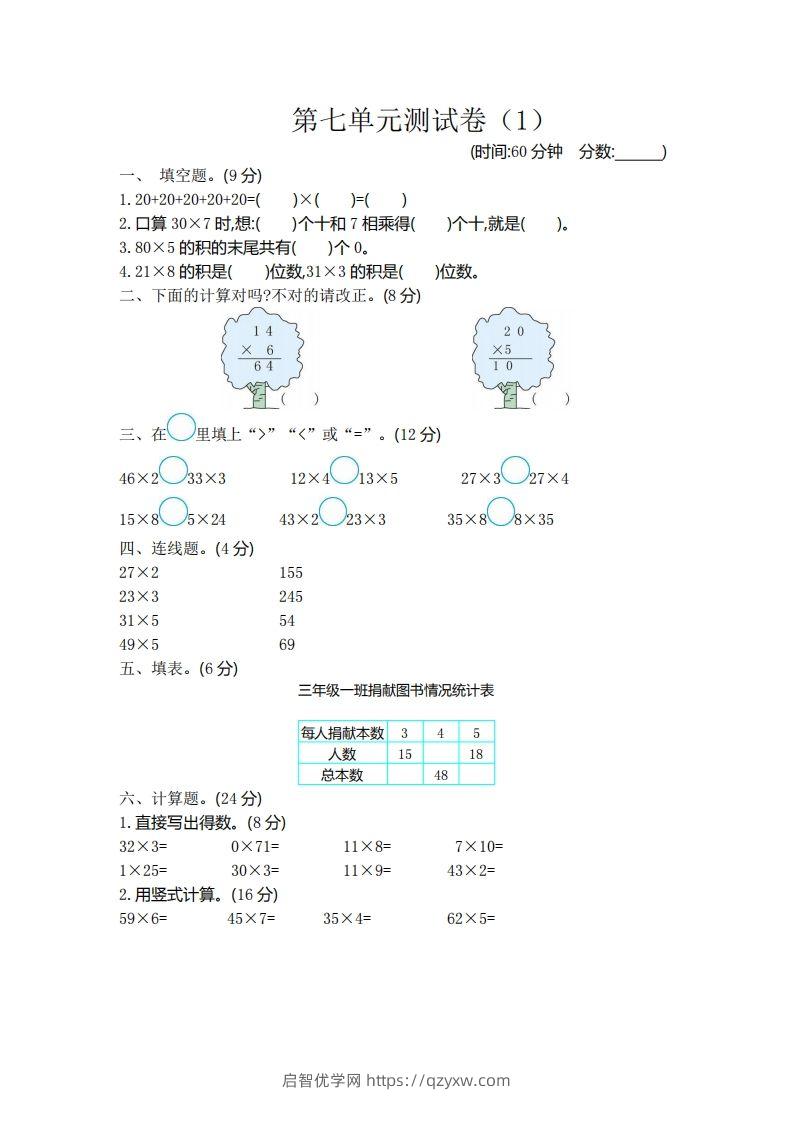 二（下）青岛版数学第七单元检测卷.1（54制）-启智优学网