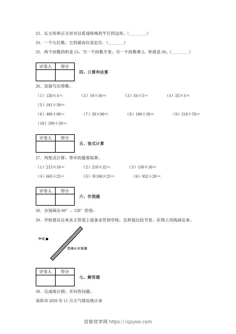 图片[3]-2020-2021学年河南省洛阳市涧西区四年级上学期期末数学真题及答案(Word版)-启智优学网