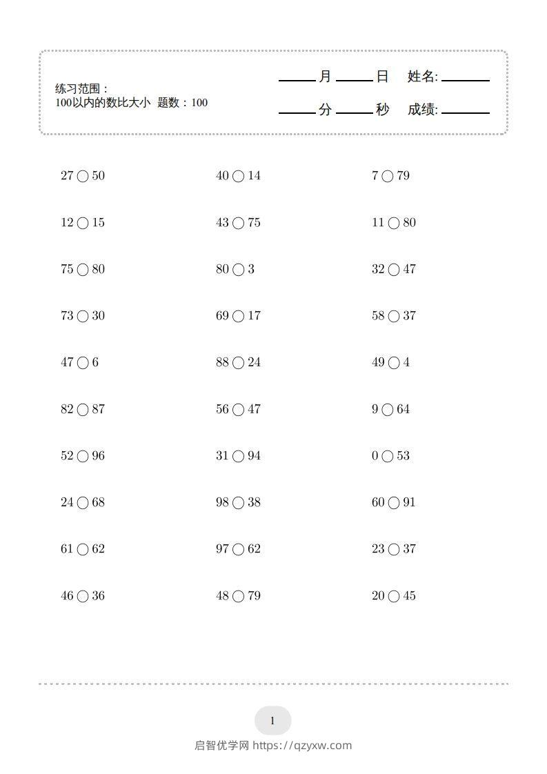 一年级数学下册(100以内的数比大小)1000题（人教版）-启智优学网