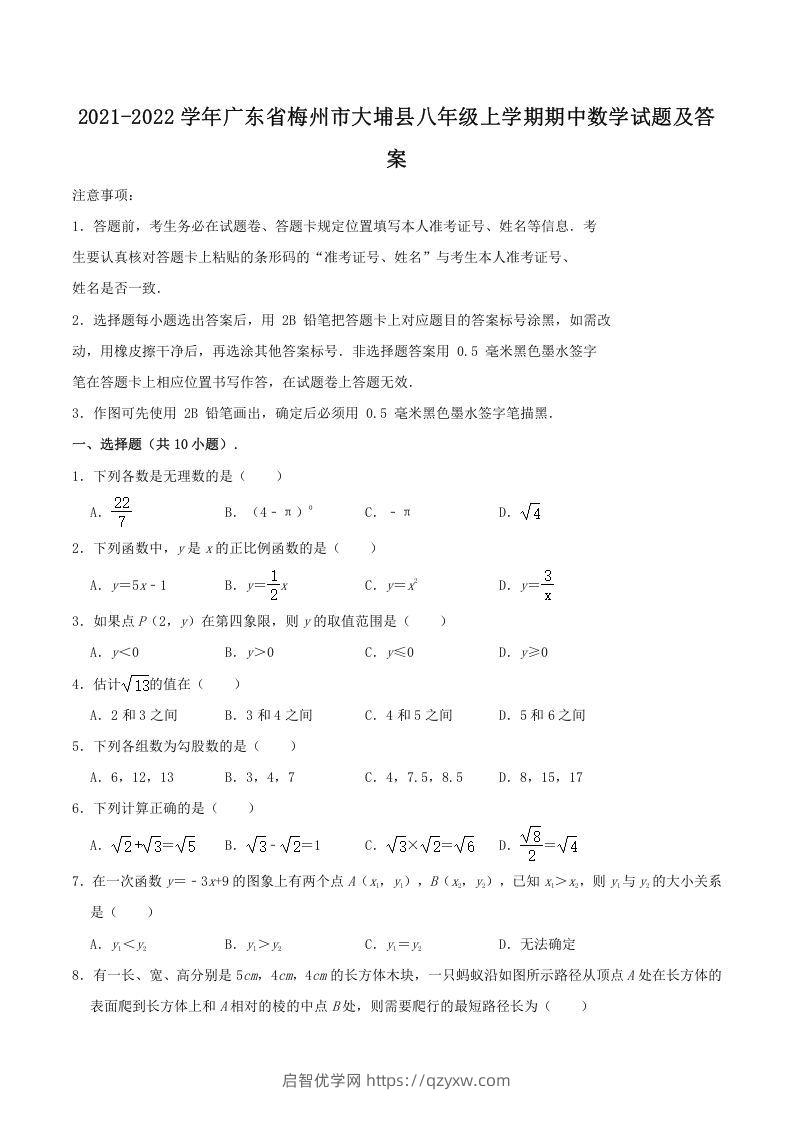 2021-2022学年广东省梅州市大埔县八年级上学期期中数学试题及答案(Word版)-启智优学网