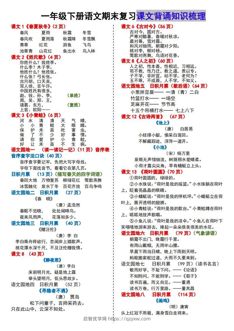 【课文背诵知识梳理】期末复习-启智优学网