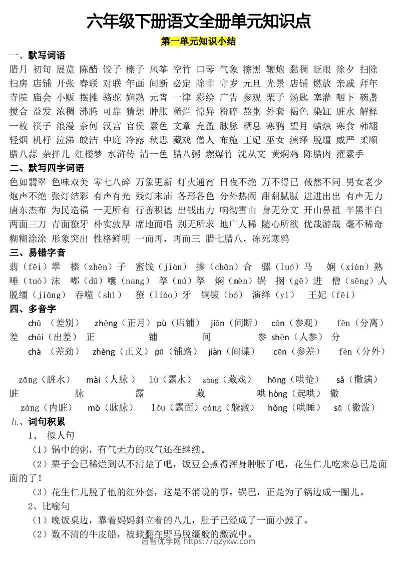 六年级1-8单元知识点(1)-启智优学网