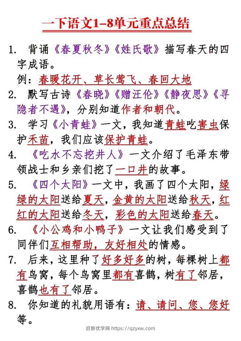 【1-8单元重点总结】一下语文-启智优学网