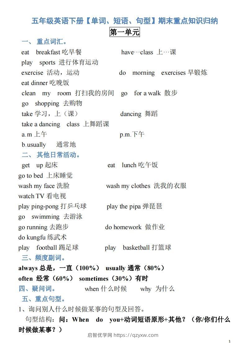 五年级英语下册素材-单词、短语、句型期末重点知识归纳（人教PEP版）-启智优学网