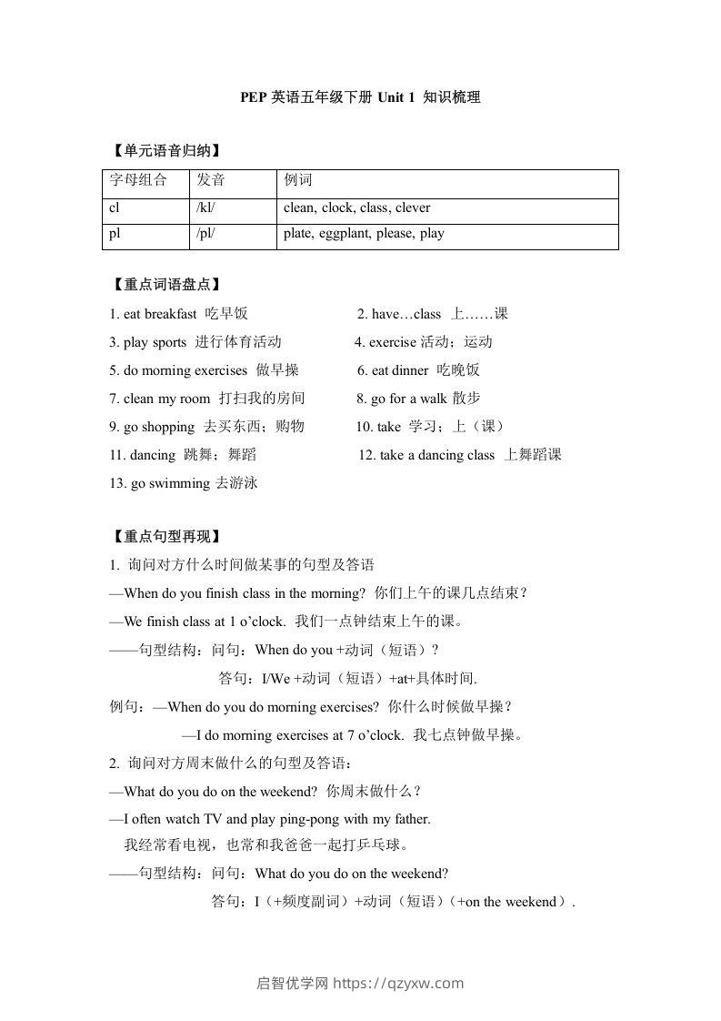 五年级英语下册单元知识梳理-Unit1Myday（人教PEP版）-启智优学网