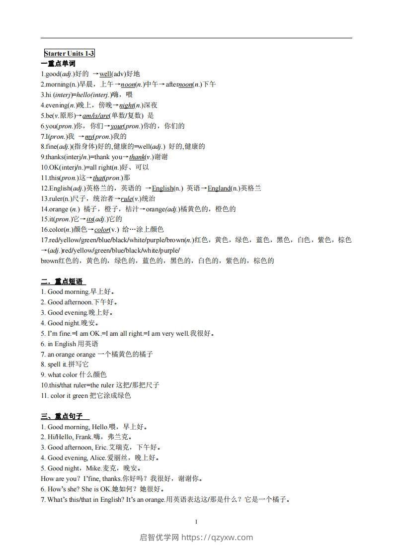 3.人教版七年级上英语StarterUnits1-3复习提纲-启智优学网