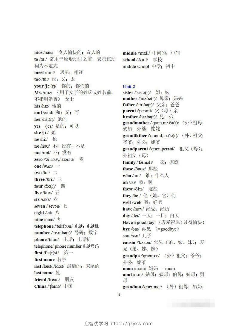 图片[2]-初一英语上册：全册《单词表》（分单元、带音标、词意）-启智优学网