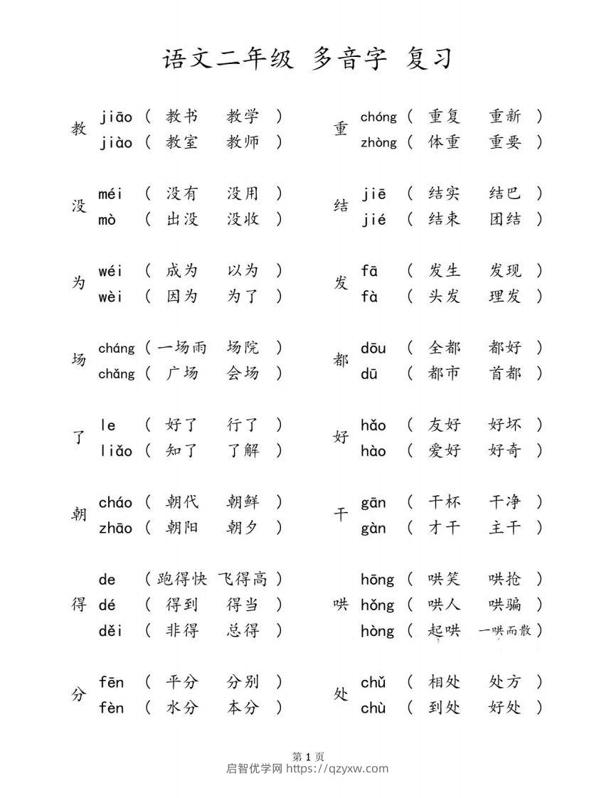 二下语文【多音字汇总归纳】-启智优学网