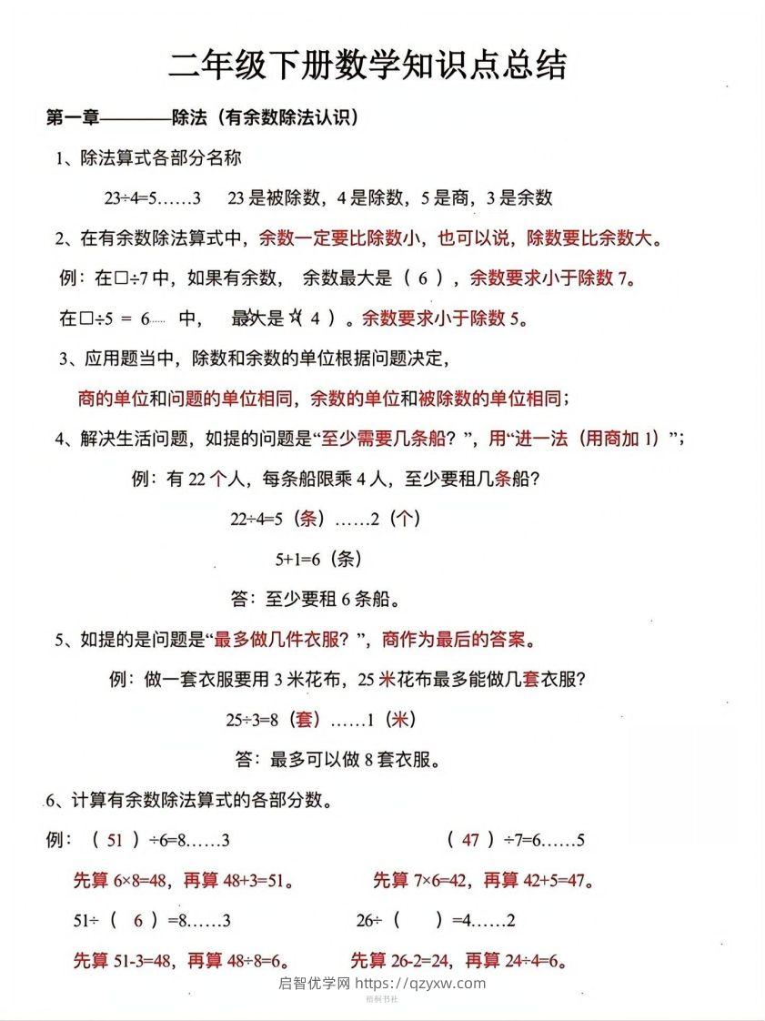 数学二年级下册必背知识点汇总-启智优学网