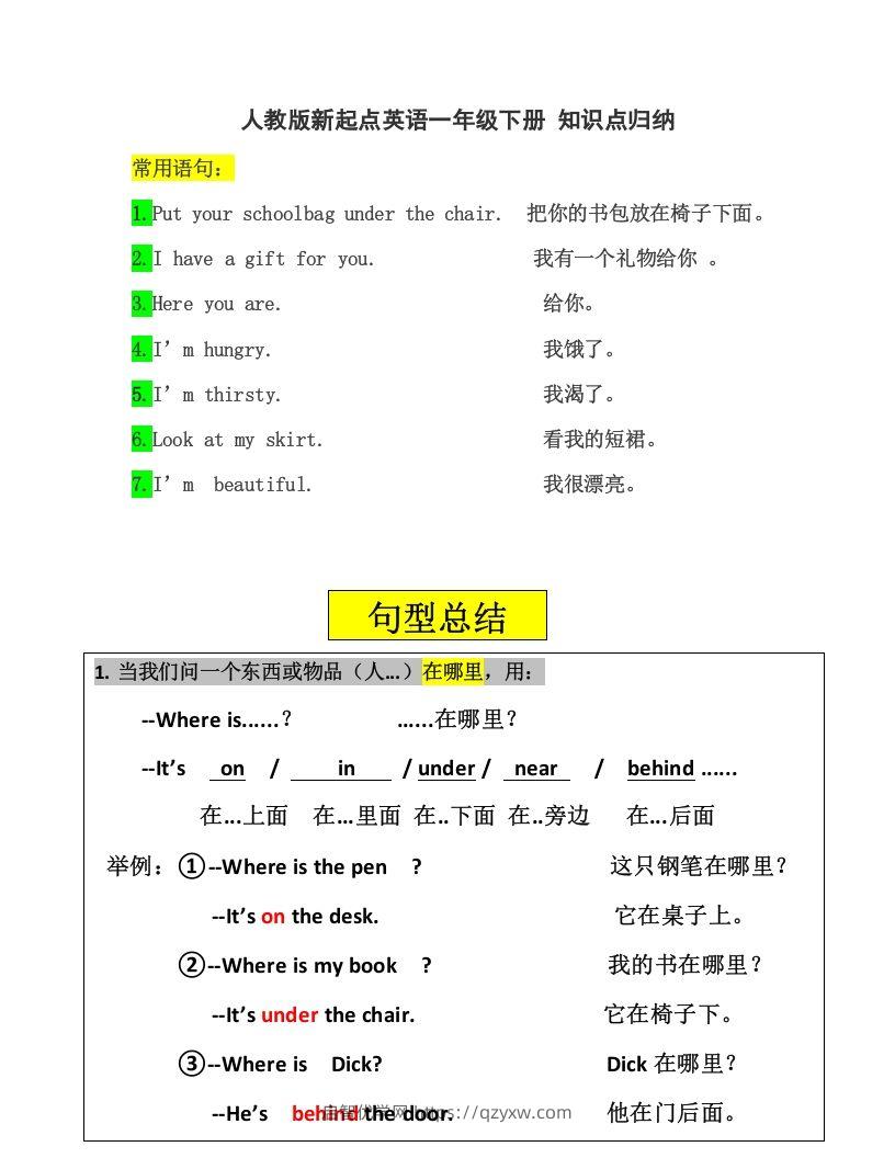 一年级英语下册一起点知识点汇总-启智优学网