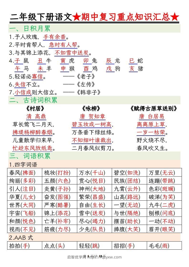 【期中重点知识汇总】二下语文-启智优学网