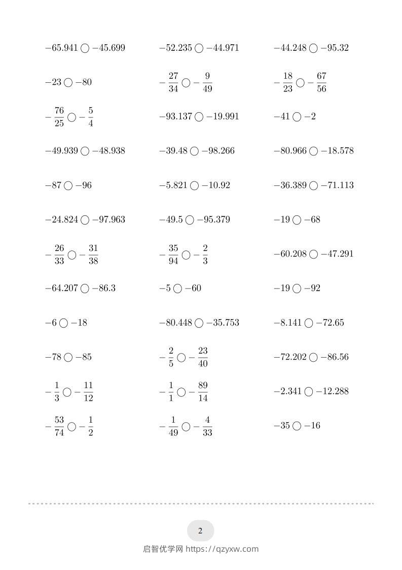 图片[2]-六年级数学下册口算题(负数比大小)1000题（人教版）-启智优学网