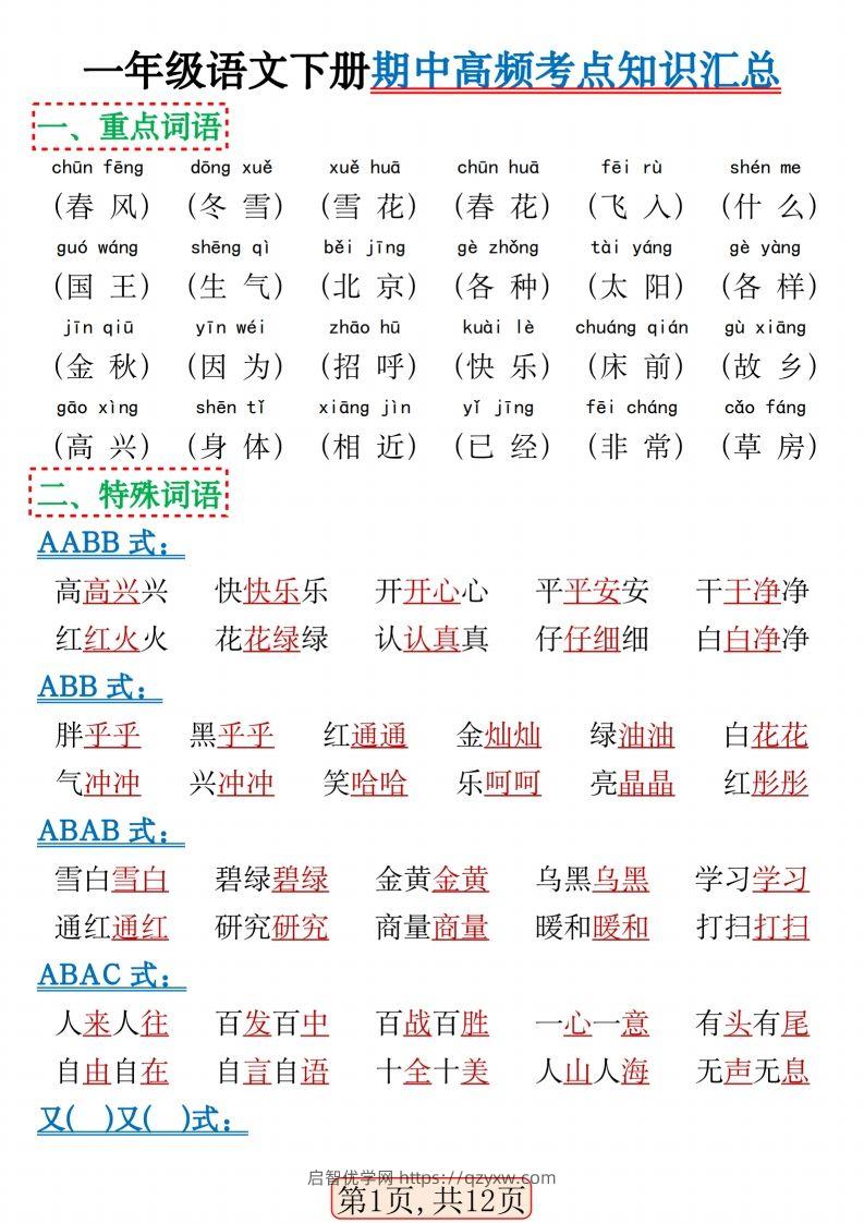 一年级语文下册期中高频考点知识汇总(1)(2)-启智优学网