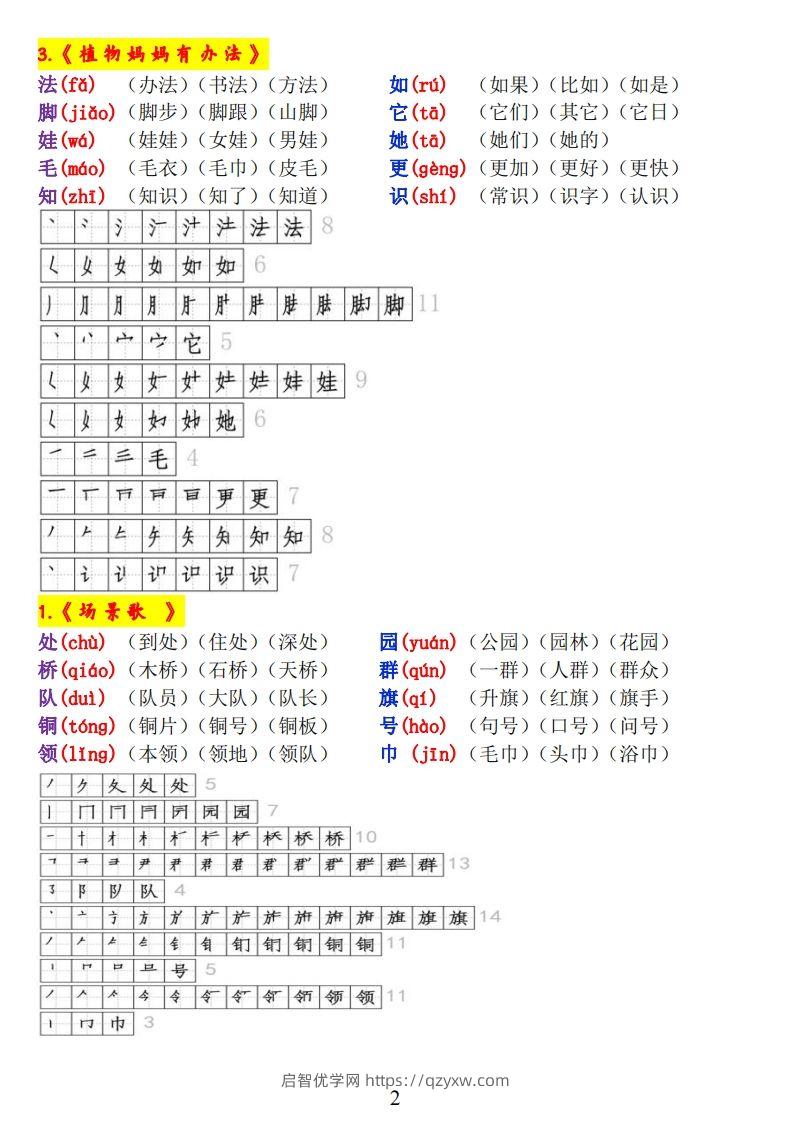 图片[2]-二上语文《生字拼音、笔顺、组词》-启智优学网