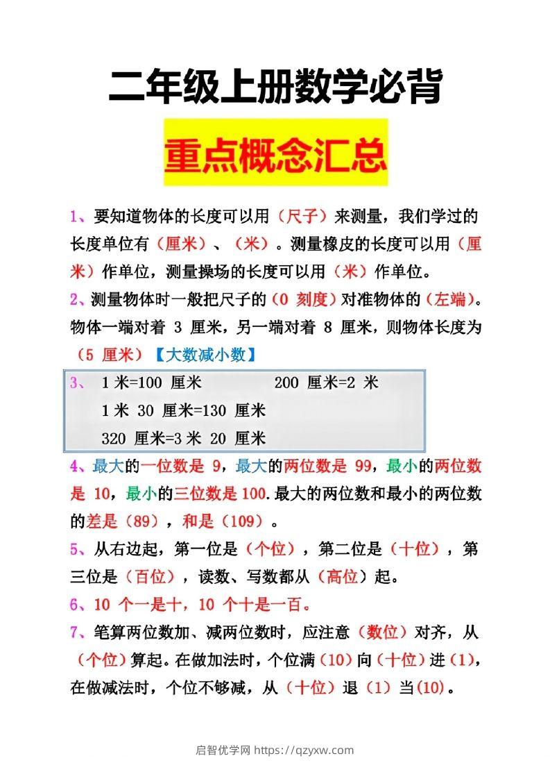 二年级数学上册重点概念汇总-启智优学网