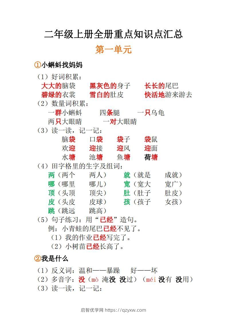 二年级上册语文全册每课重点知识点汇总()-启智优学网