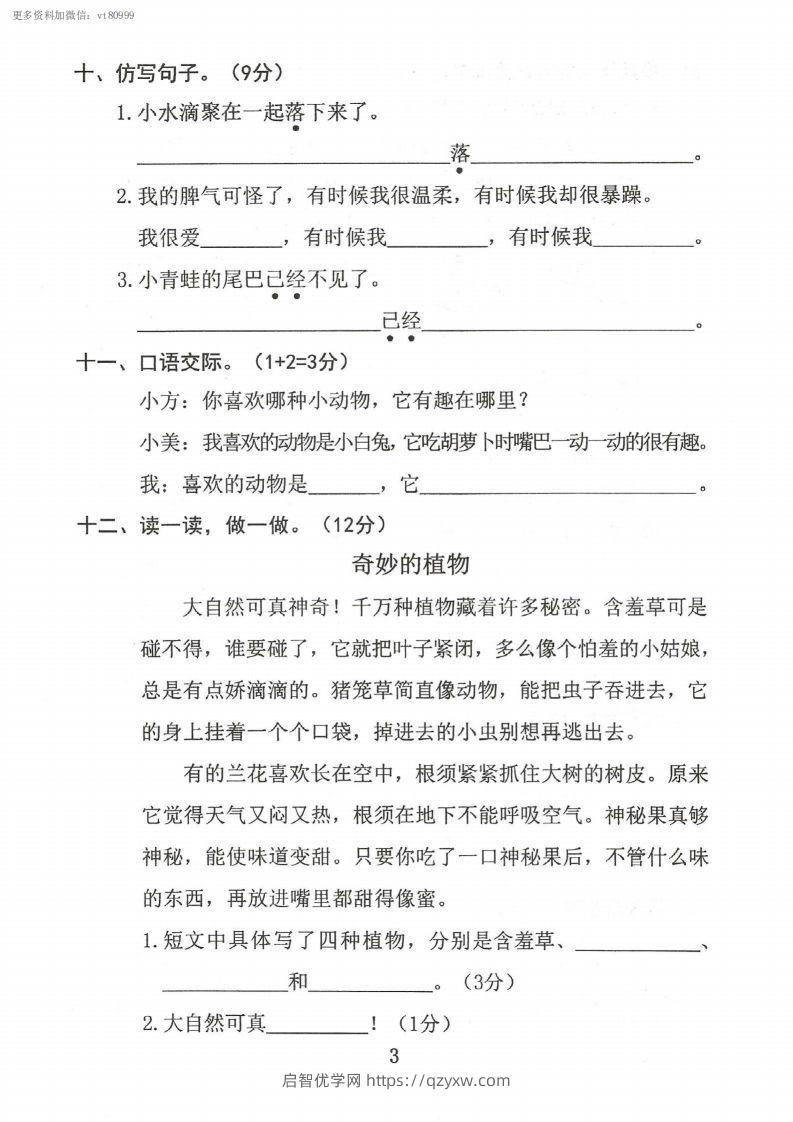 图片[3]-二上语文第一单元真题卷-启智优学网