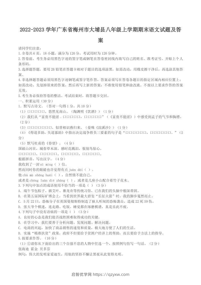 2022-2023学年广东省梅州市大埔县八年级上学期期末语文试题及答案(Word版)-启智优学网