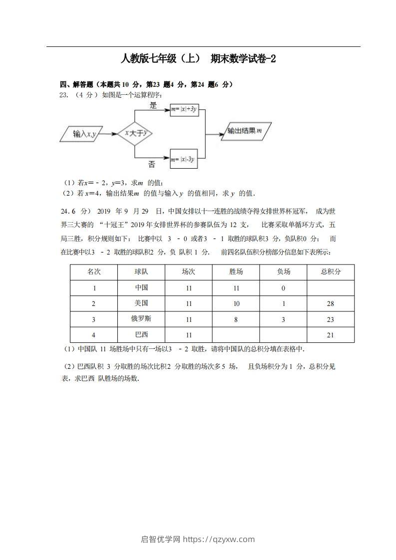 七年级（上）数学期末试卷4-2卷人教版-启智优学网