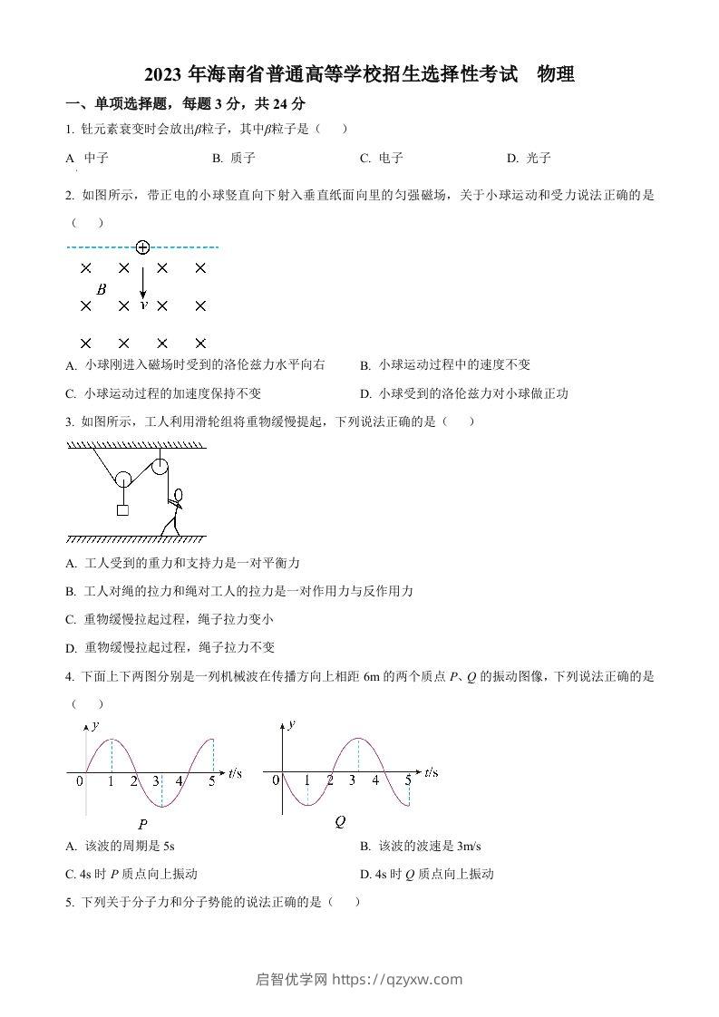 2023年高考物理试卷（海南）（空白卷）-启智优学网