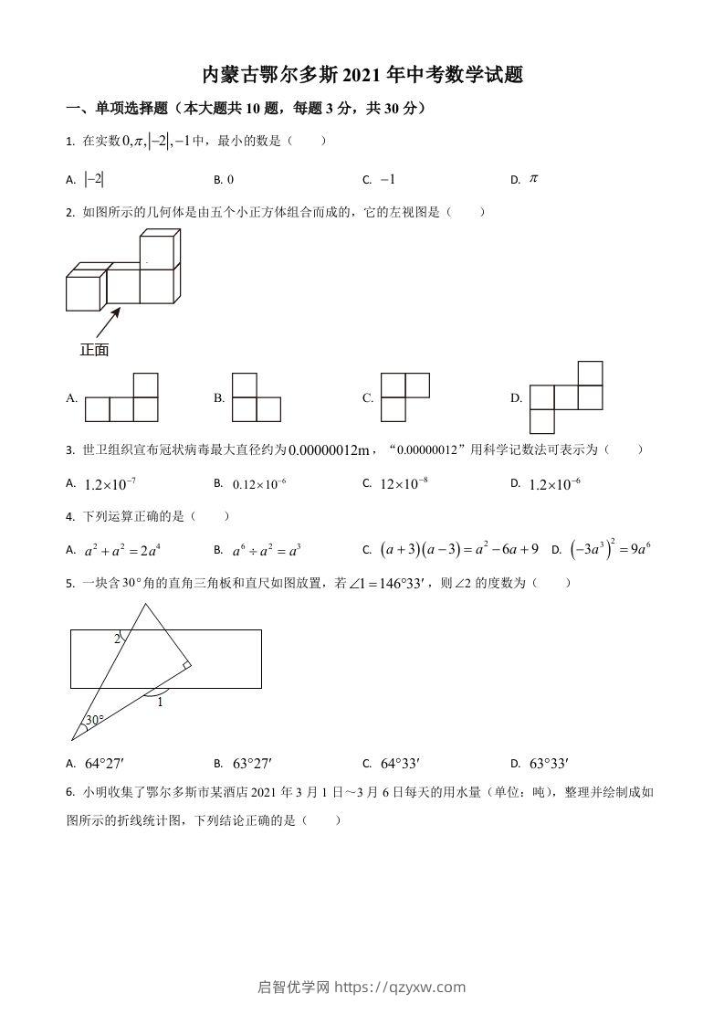 内蒙古鄂尔多斯2021年中考数学试题（空白卷）-启智优学网