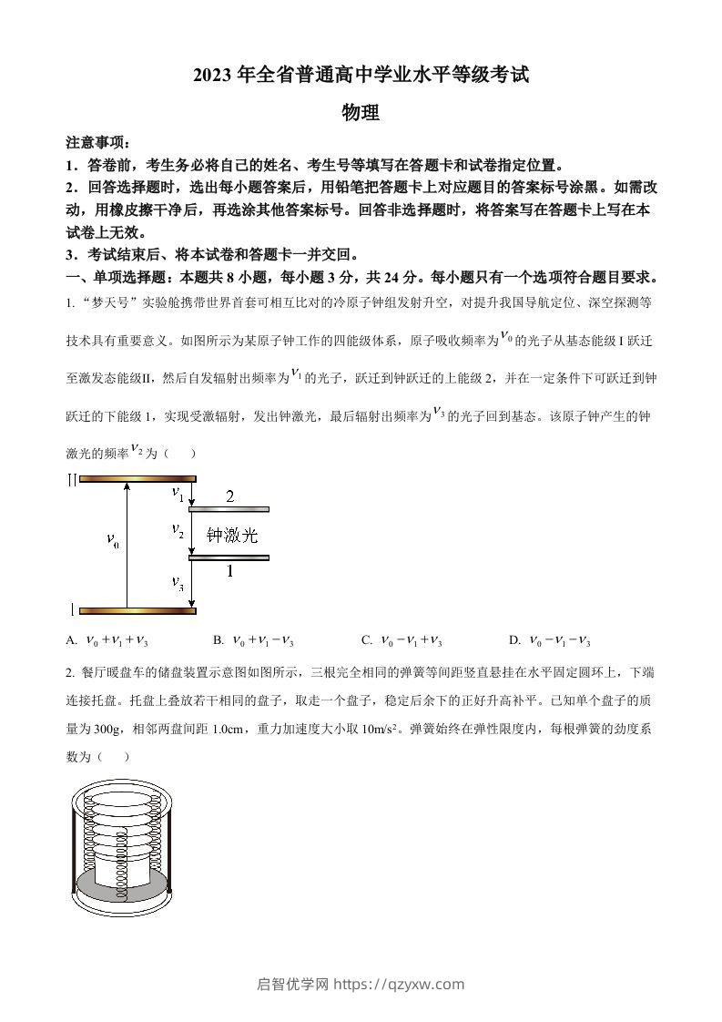 2023年高考物理试卷（山东）（空白卷）-启智优学网