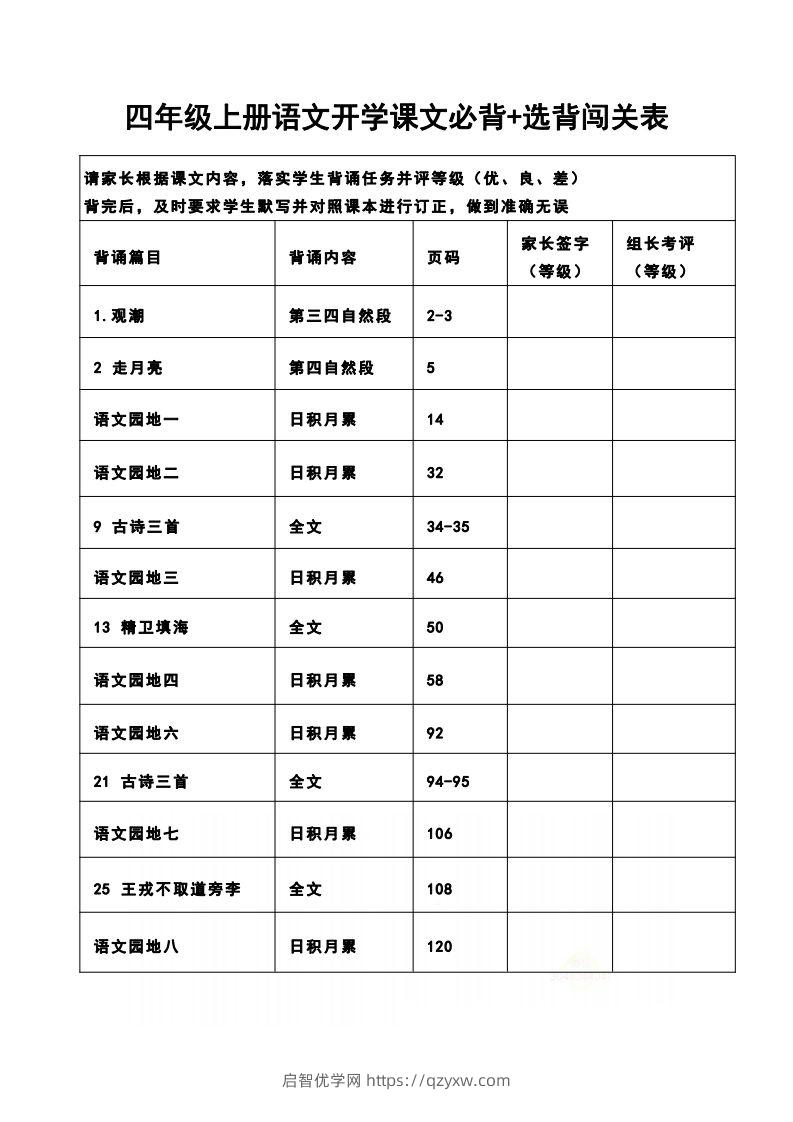 四（上）语文开学课文必背+选背闯关表-启智优学网