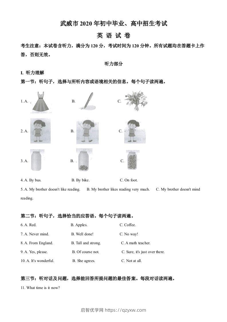 甘肃省武威市2020年中考英语试题（空白卷）-启智优学网