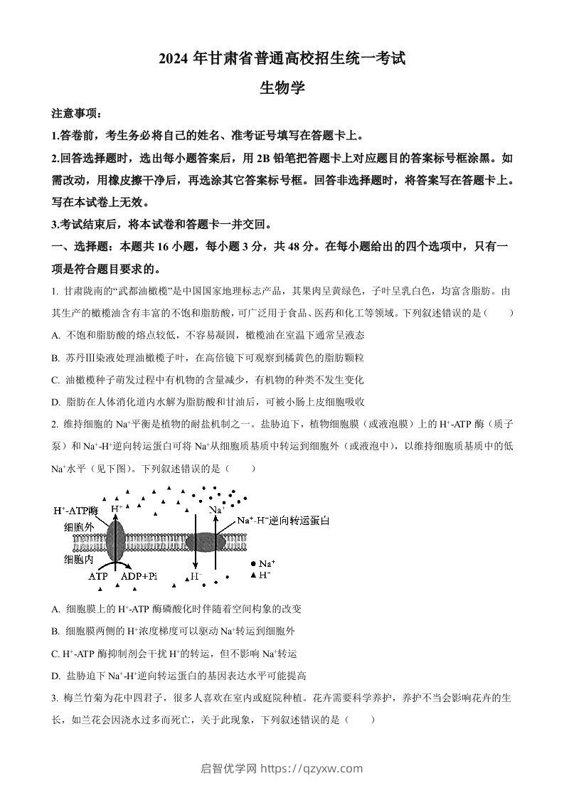 2024年高考生物试卷（甘肃）（空白卷）-启智优学网