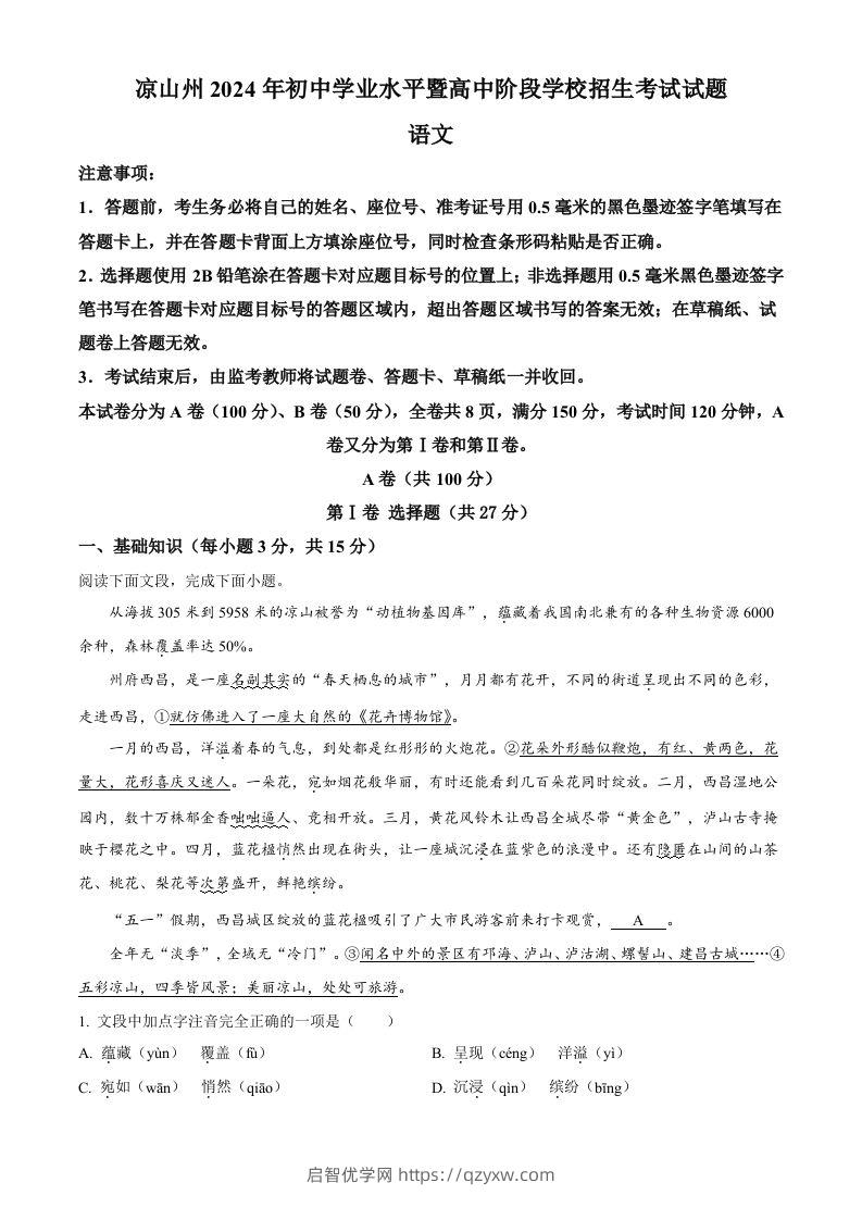 2024年四川省凉山州中考语文真题（含答案）-启智优学网