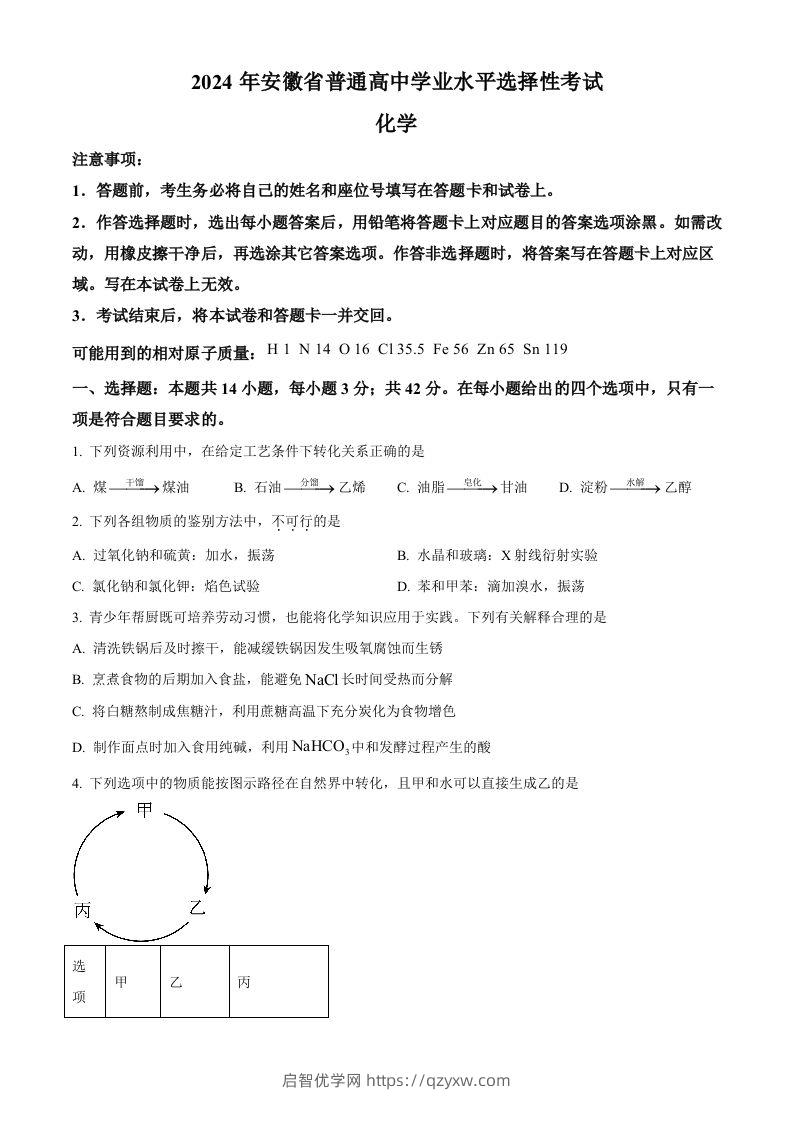 2024年高考化学试卷（安徽）（空白卷）-启智优学网