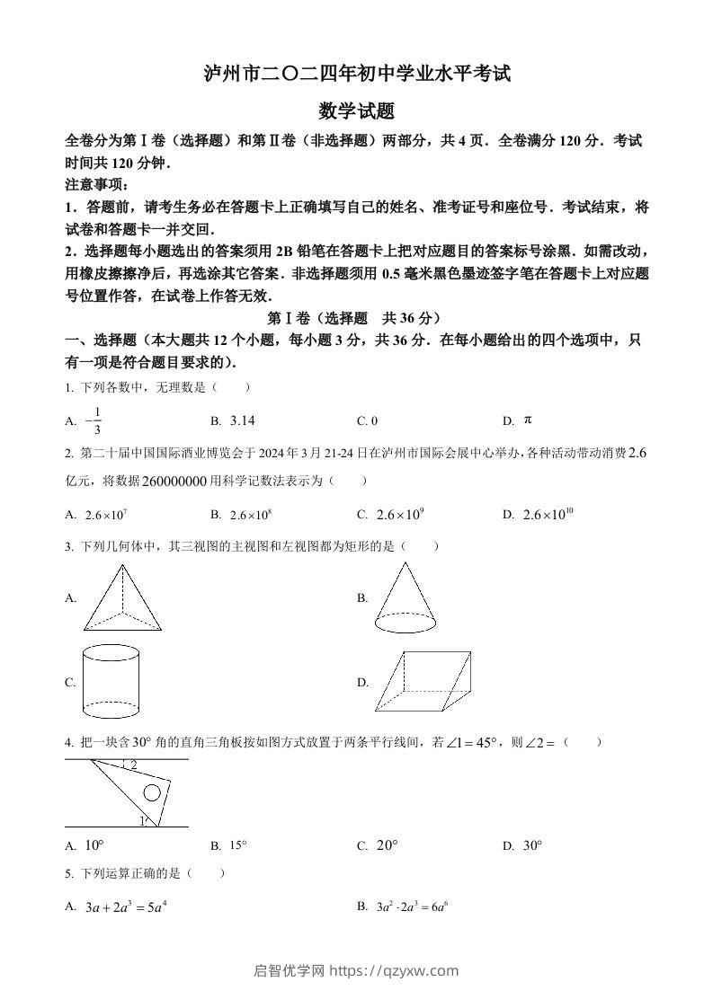 2024年四川省泸州市中考数学试题（空白卷）-启智优学网