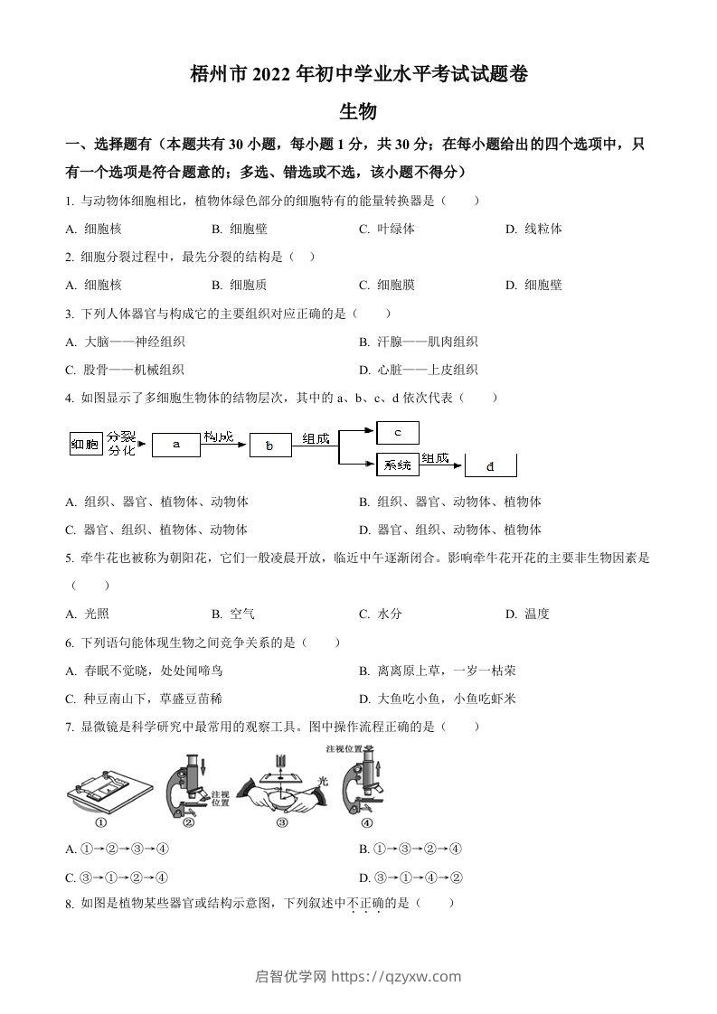 2022年广西梧州市中考生物真题（空白卷）-启智优学网