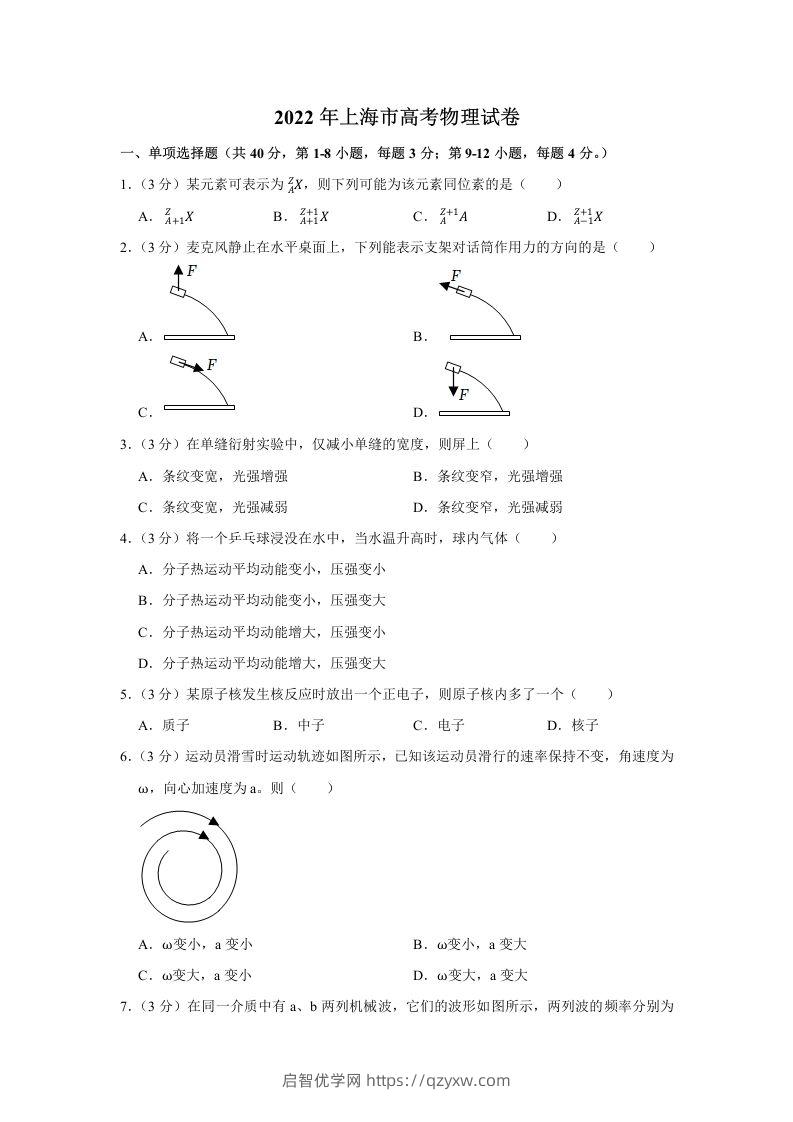 2022年高考物理试卷（上海）（空白卷）-启智优学网