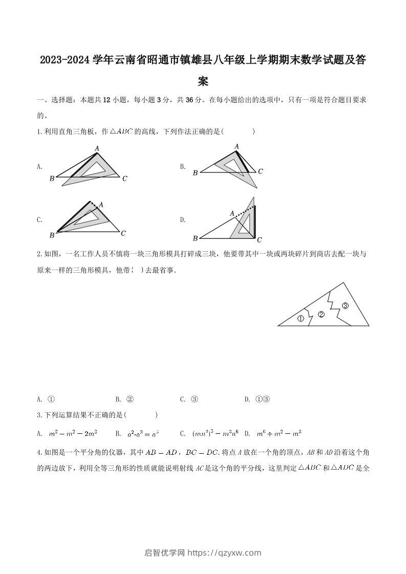 2023-2024学年云南省昭通市镇雄县八年级上学期期末数学试题及答案(Word版)-启智优学网